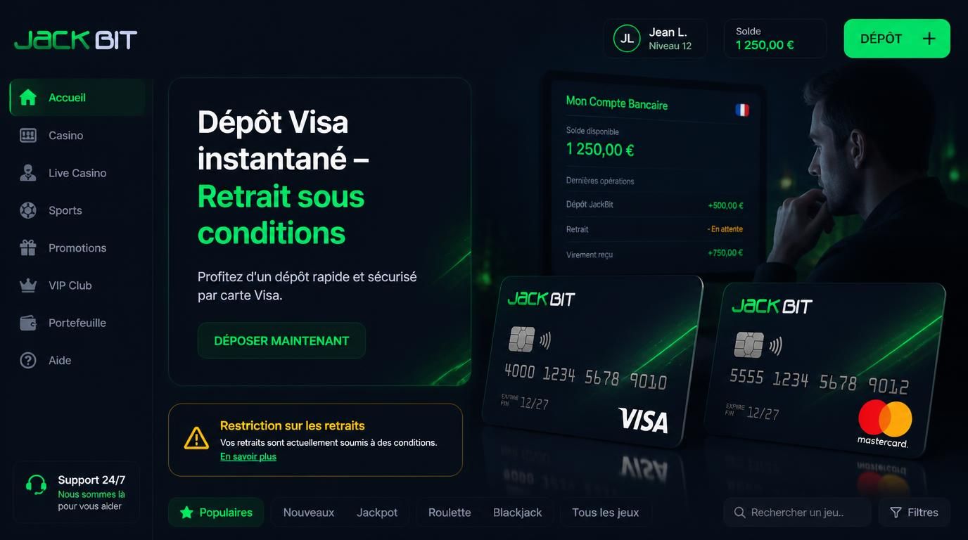 Interface avec cartes Visa/Mastercard et mention de restrictions de retrait