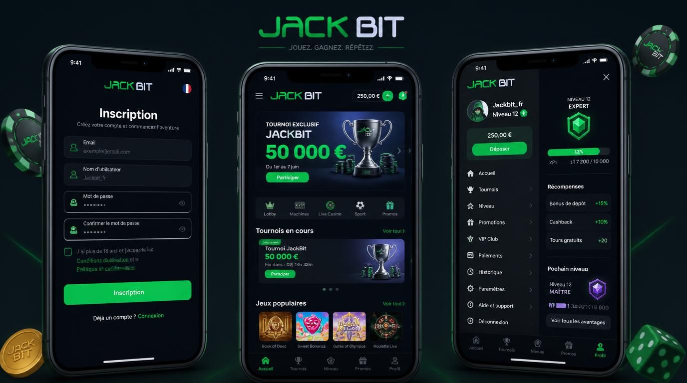Interface mobile Jackbit montrant inscription + tournois