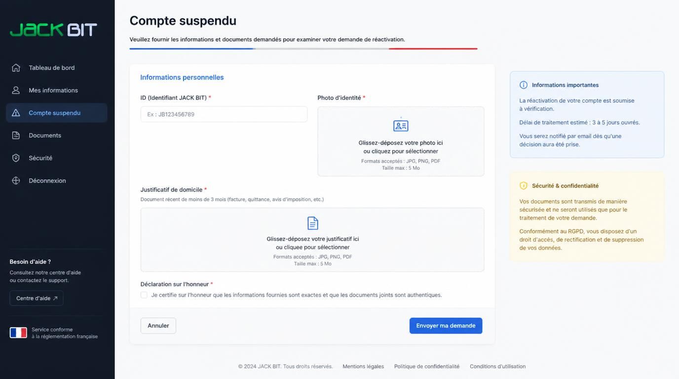 KYC strict, blocage possible en cas de méforme
